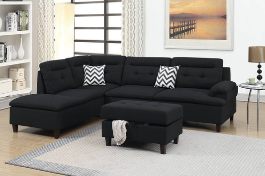 Living Room Furniture Black Cushion Sectional w Ottoman Linen Like Fabric Sofa Chaise - primary color shot