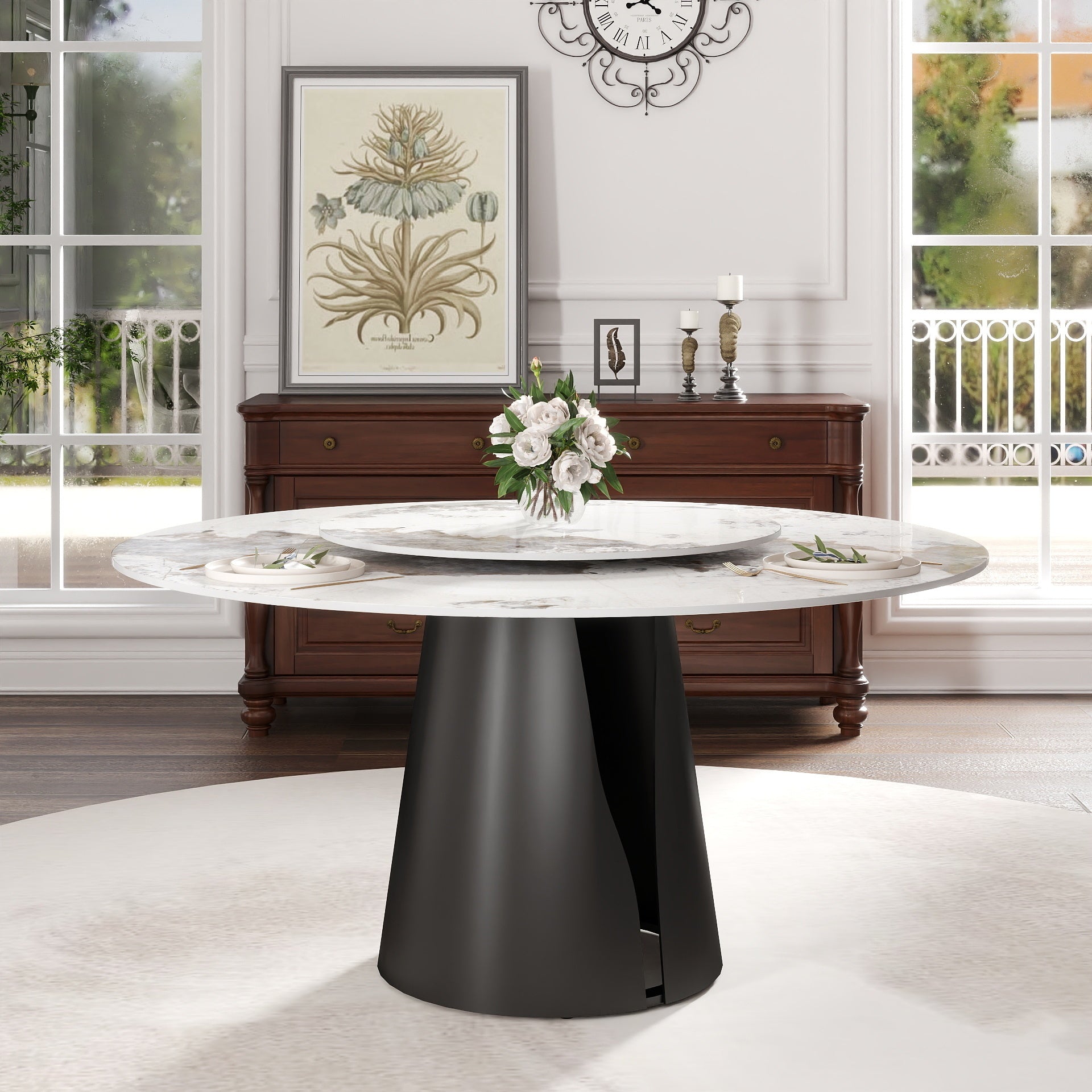 59" Modern Artificial Stone Round Black Carbon Steel Base Dining Table-Can Accommodate 6-8 People - White - detail view 3
