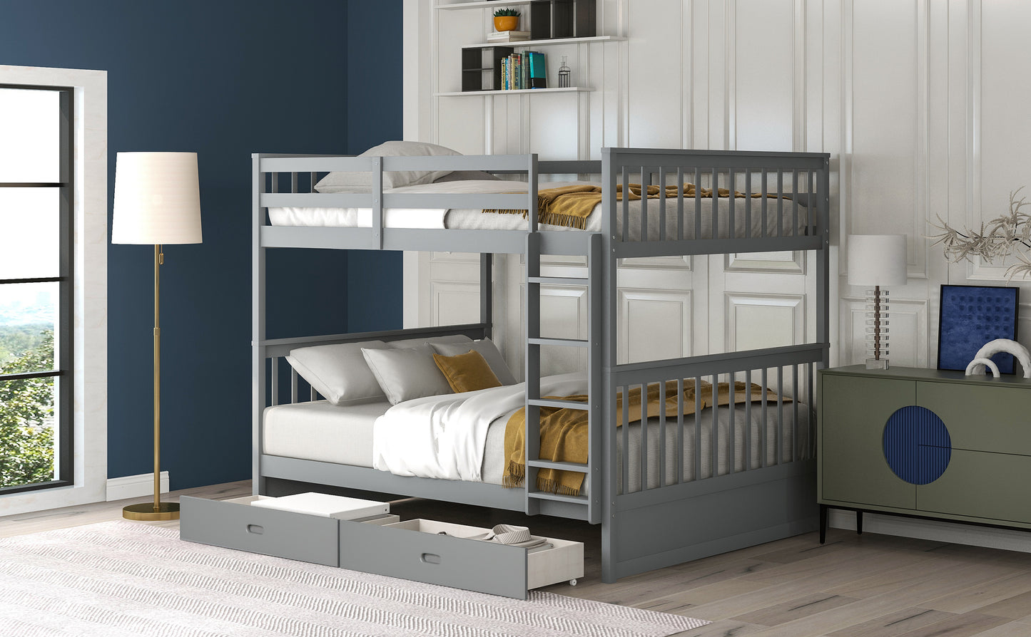 Full-Over-Full Bunk Bed with Ladders and Two Storage Drawers Gray