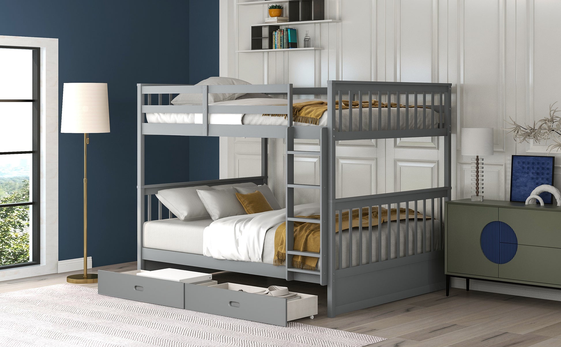 Full-Over-Full Bunk Bed with Ladders and Two Storage Drawers Gray