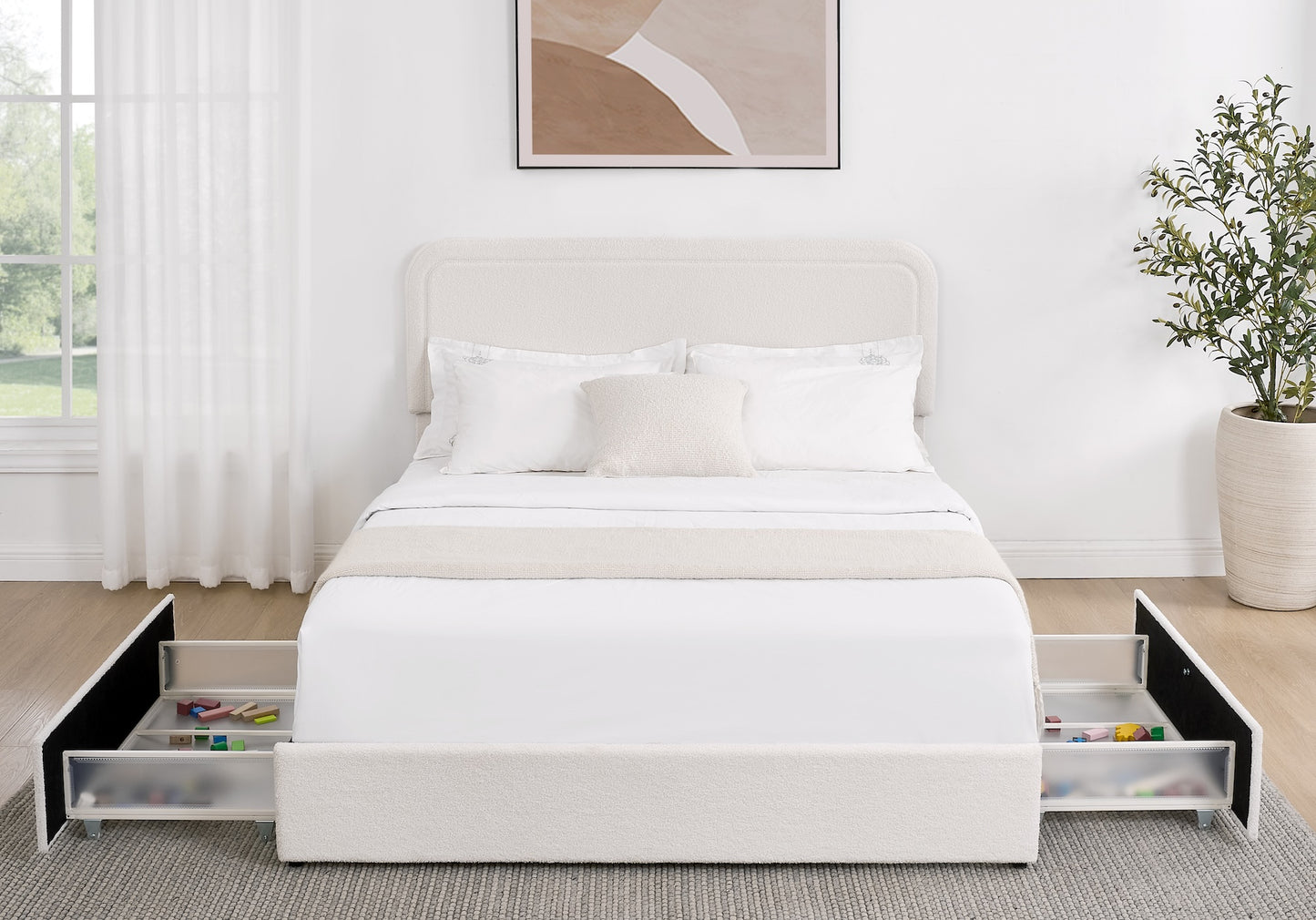 Lunara 4-Drawer Ivory Bouclé Upholstered Queen Platform Bed