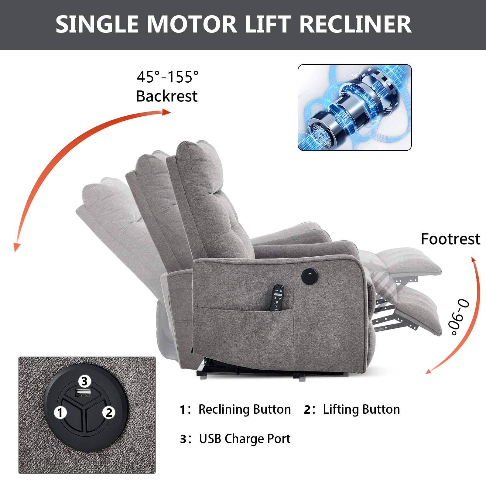 Light Grey Chenille Single Motor Power Lift Recliner Chair with Massage and Heat for Elderly - Light Gray - detail view 5