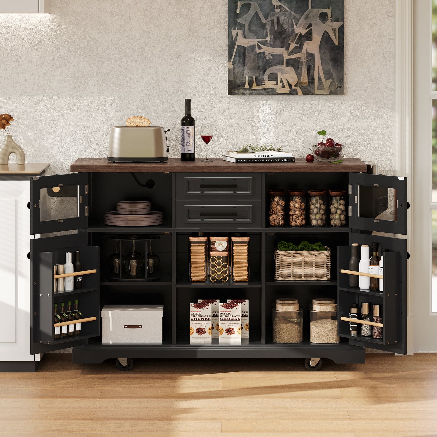 K&k 54.9' Kitchen Island with Drop Leaf - Black - detail view 3