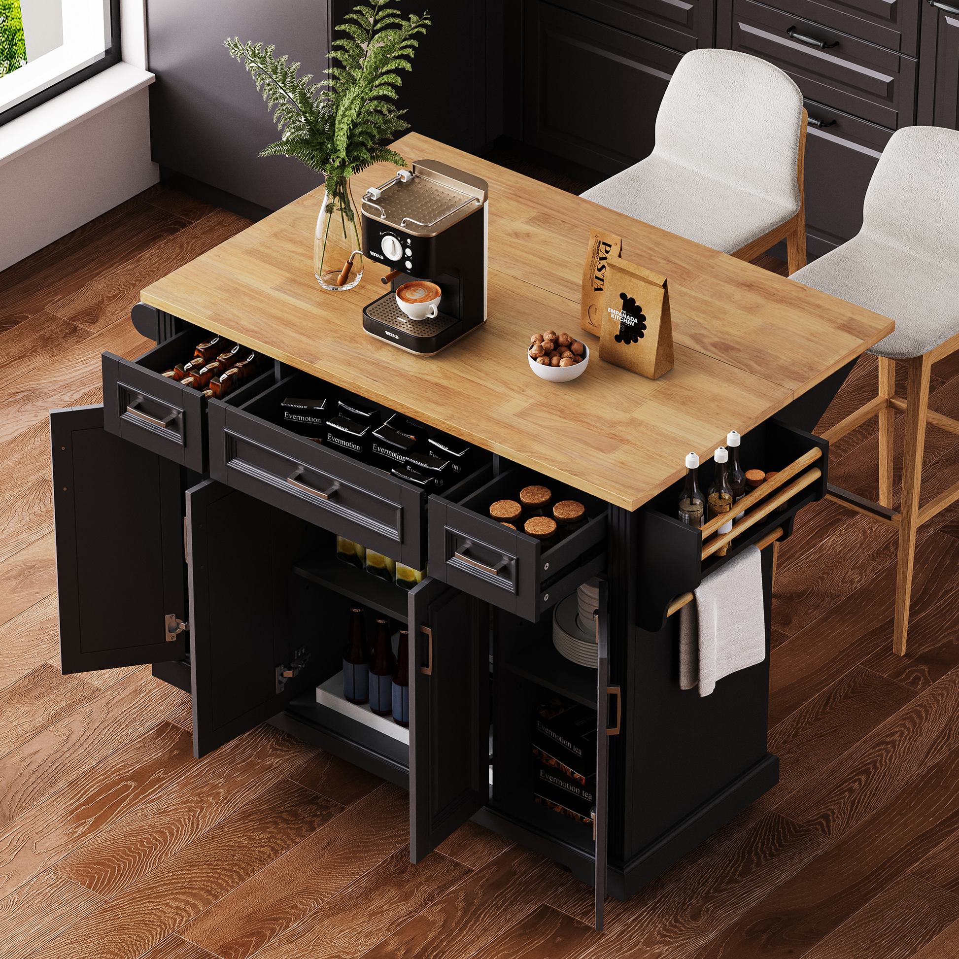 K&k 54" Large Kitchen Island with Rubber Wood Drop Leaf - Black - detail view 3
