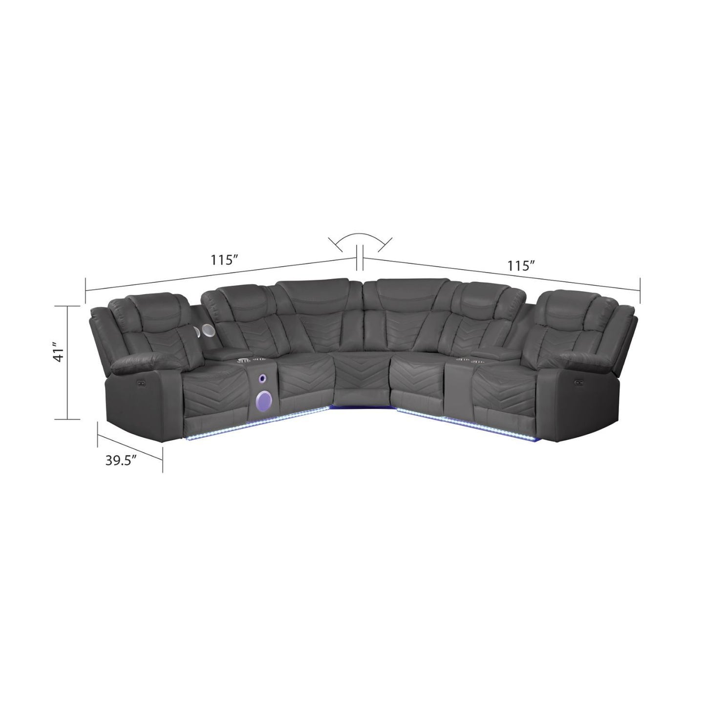 Challenger Modern Style Recliner Sectional Sofa, Built in USB-C Ports & Bluetooth, made with Wood & Faux Leather in Gray - detail view 5