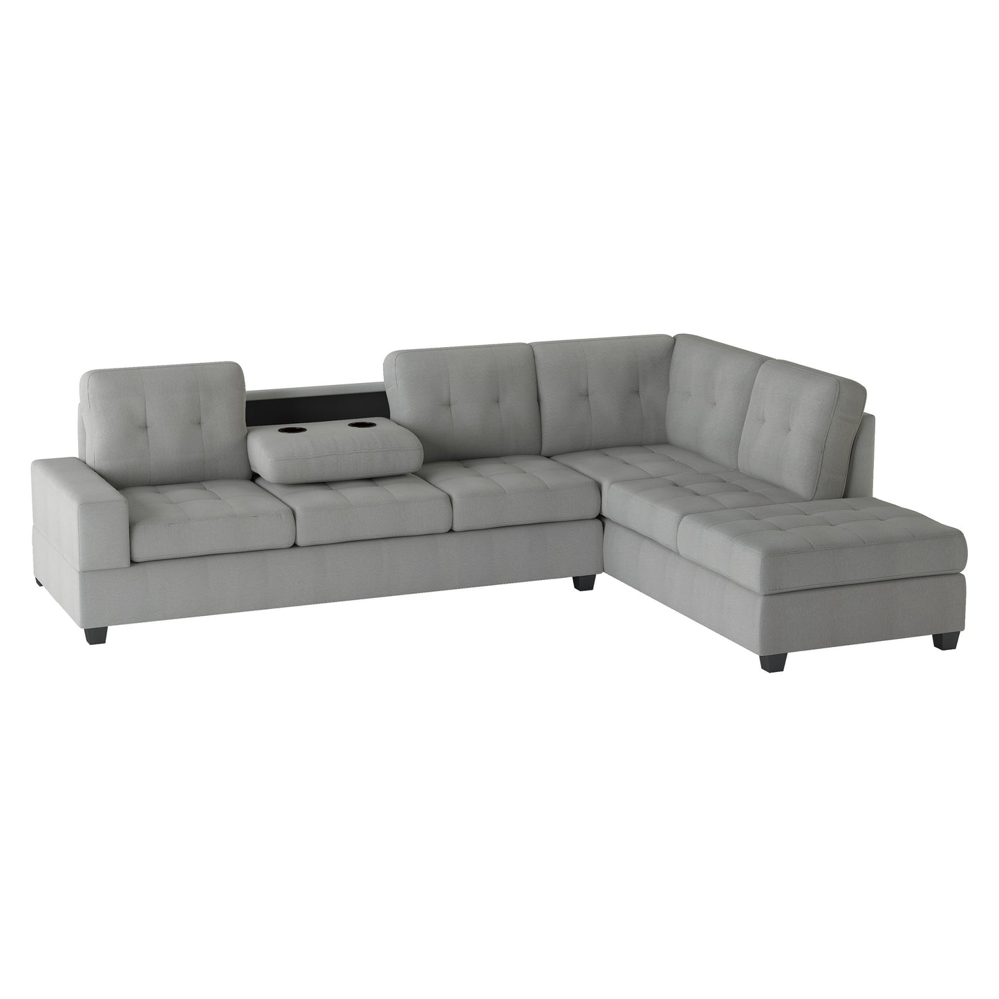 Modern Living Room 2-Piece Reversible Sectional with Drop-Down Cup Holders Sofa Chaise Gray Microfiber Upholstered Tufted Details - detail view 3