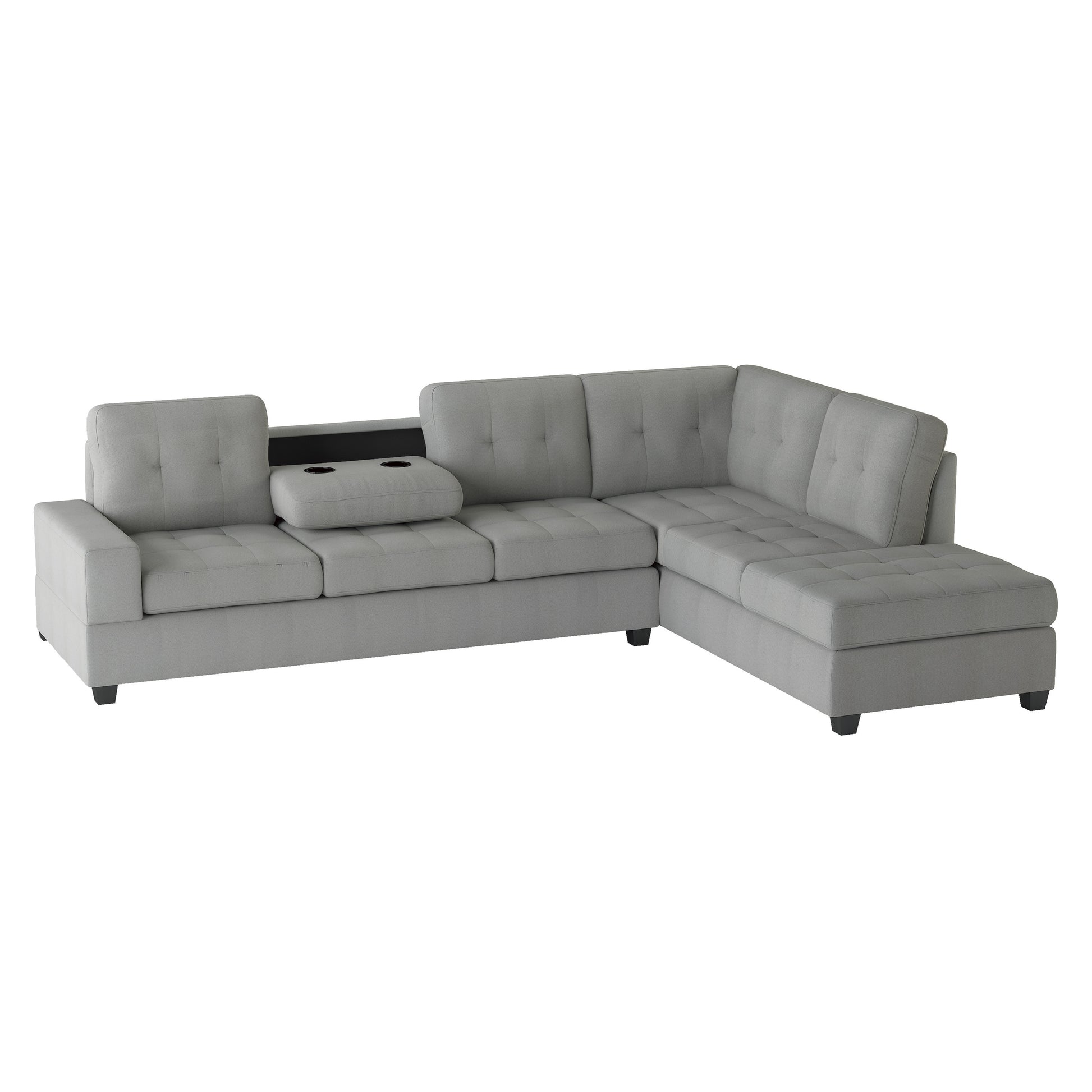 Modern Living Room 2-Piece Reversible Sectional with Drop-Down Cup Holders Sofa Chaise Gray Microfiber Upholstered Tufted Details - detail view 3