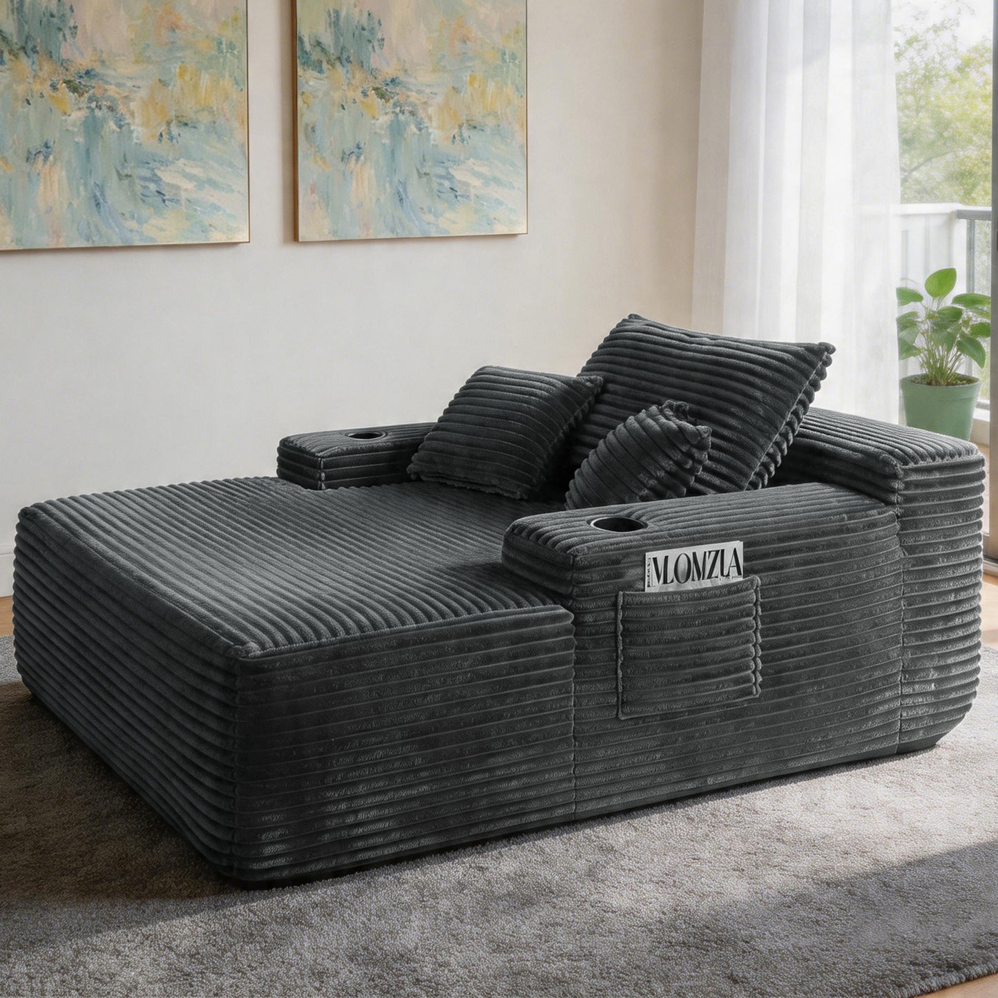NEW Convertible Chaise Lounge Chair Plush with Wide Armrest & Throw Pillows - Grey - detail view 3