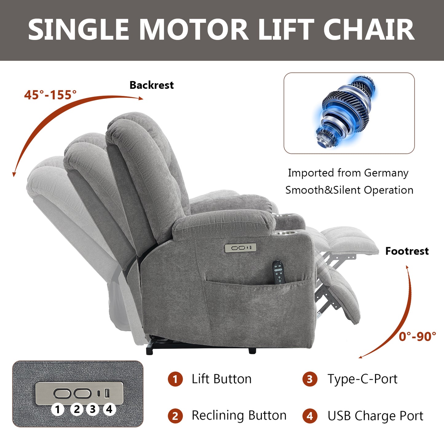 Power Lift Recliner Chair with Massage and Heat for Elderly - Light Gray - detail view 4