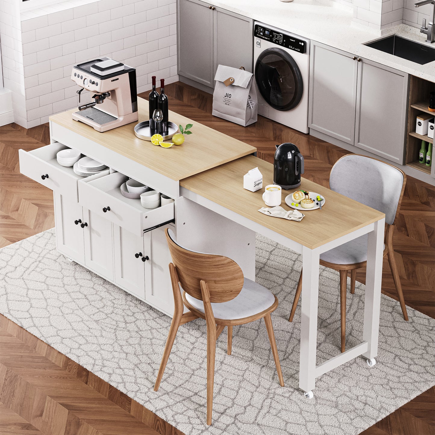 K&k 74" Kitchen Island with Extendable Dining Table - White - primary color shot