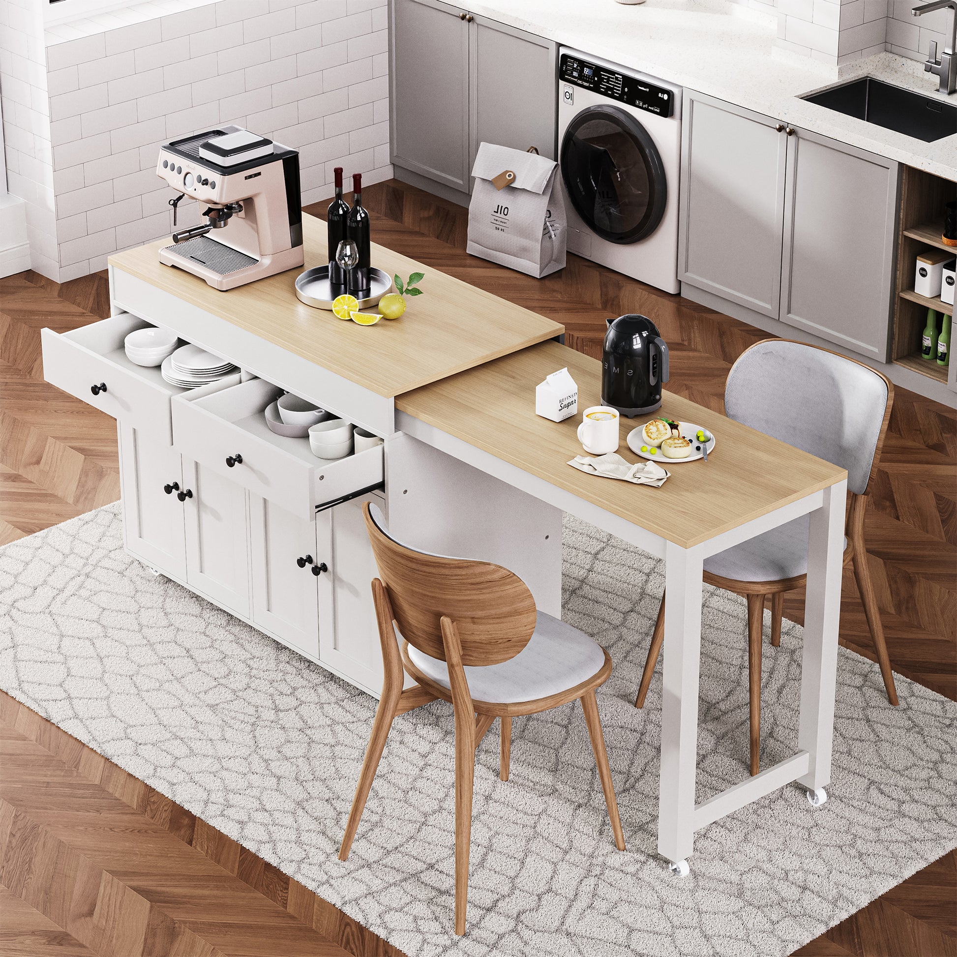 K&k 74" Kitchen Island with Extendable Dining Table - White - primary color shot