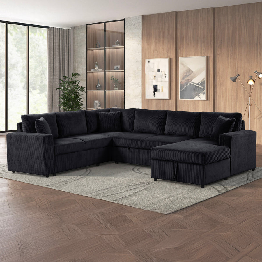 Ruxley 123'W Black Corduroy Sleeper Sectional Sofa with Right-Facing Storage Chaise and Throw Pillows - primary color shot