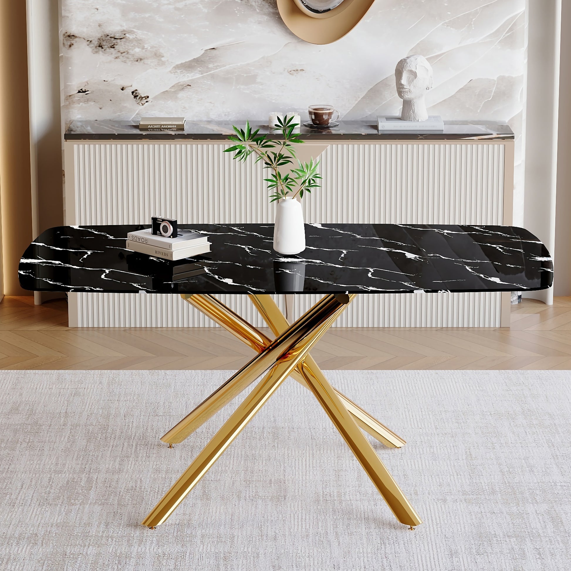 63" Luxurious Black Marble-Patterned Tempered Glass Dining Table.single Fork Golden Metal Table Legs.tempered Glass Table Top - Black & Gold - detail view 3
