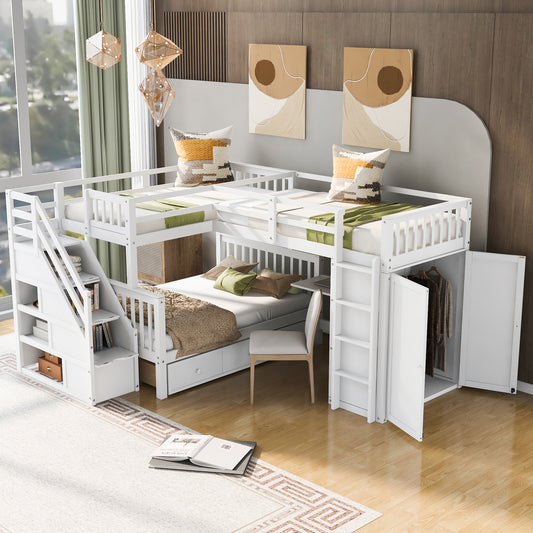 Twin-Twin over Full L-Shaped Bunk Bed with 3 Drawers - White - primary color shot