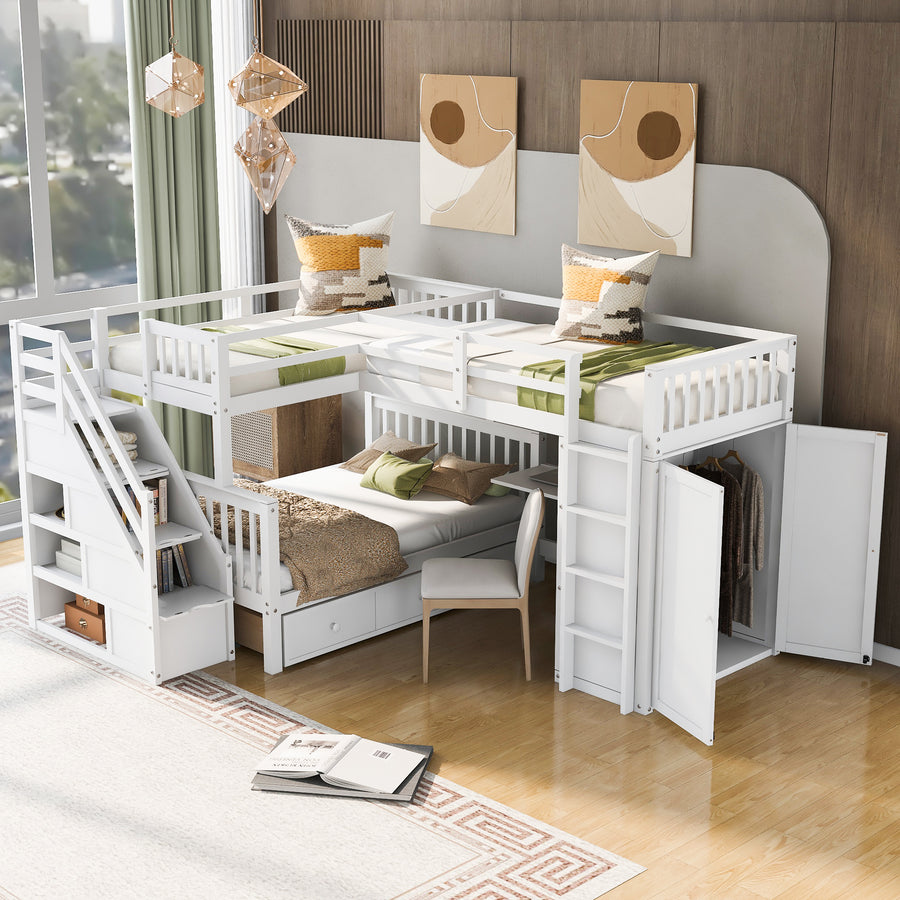 Twin-Twin over Full L-Shaped Bunk Bed with 3 Drawers - White - primary color shot