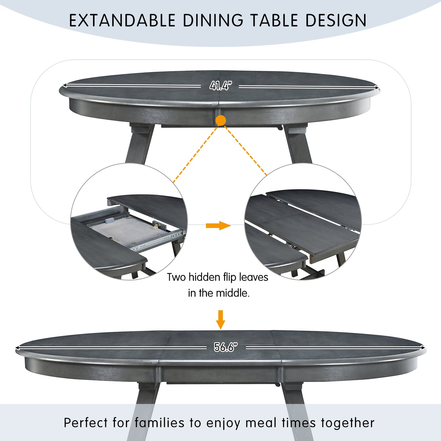 TREXM Wood Dining Table Round Extendable Dining Table for Dining Room (gray) - detail view 5