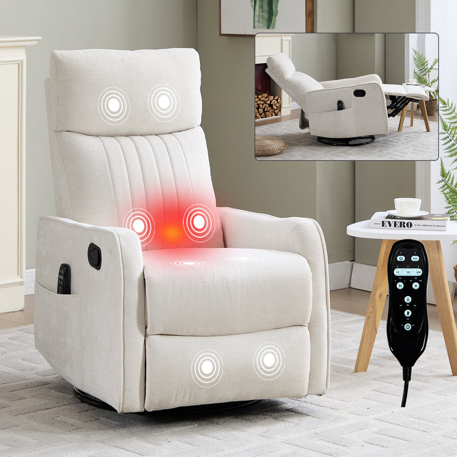 Beige Heat Massage Manual Recliner Chair with Rocker and Swivel in Fabric - primary color shot