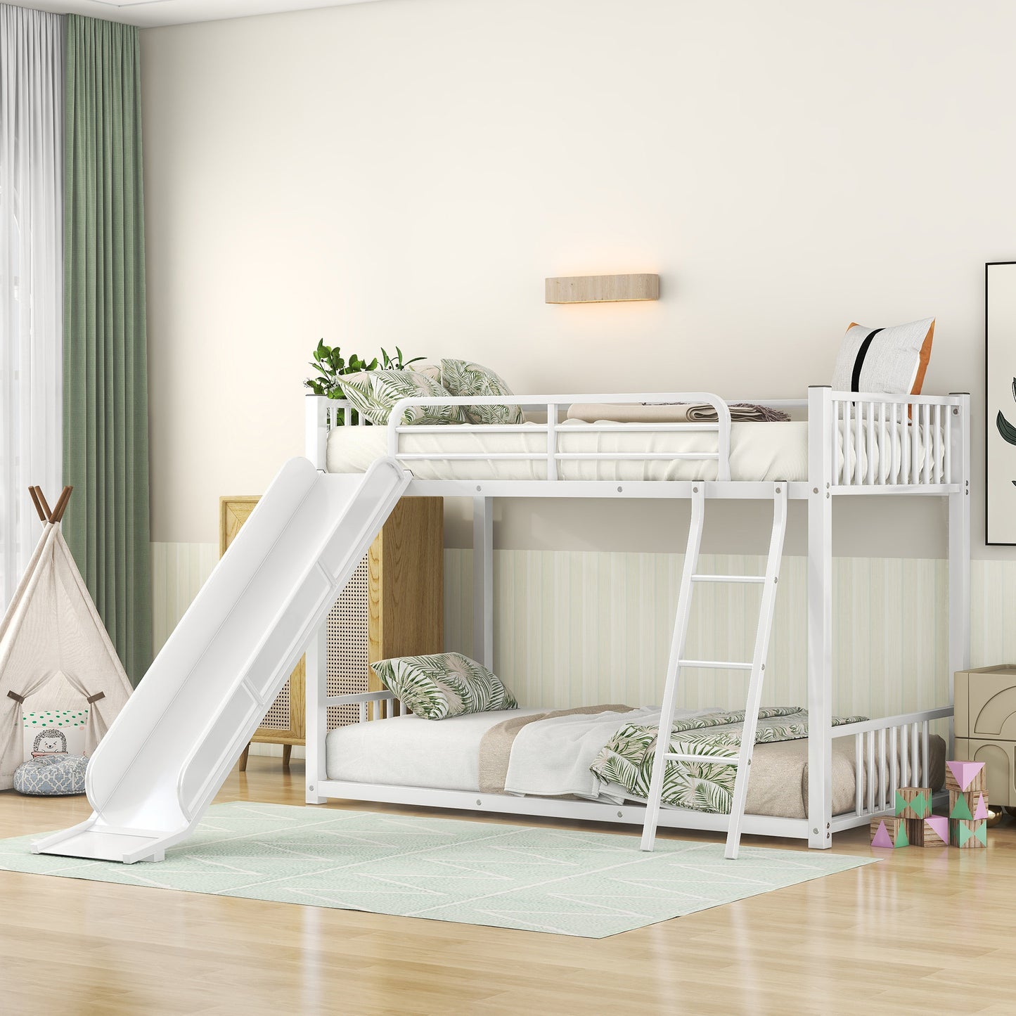 Megan Modern White Metal Twin Bunk Bed with Slide