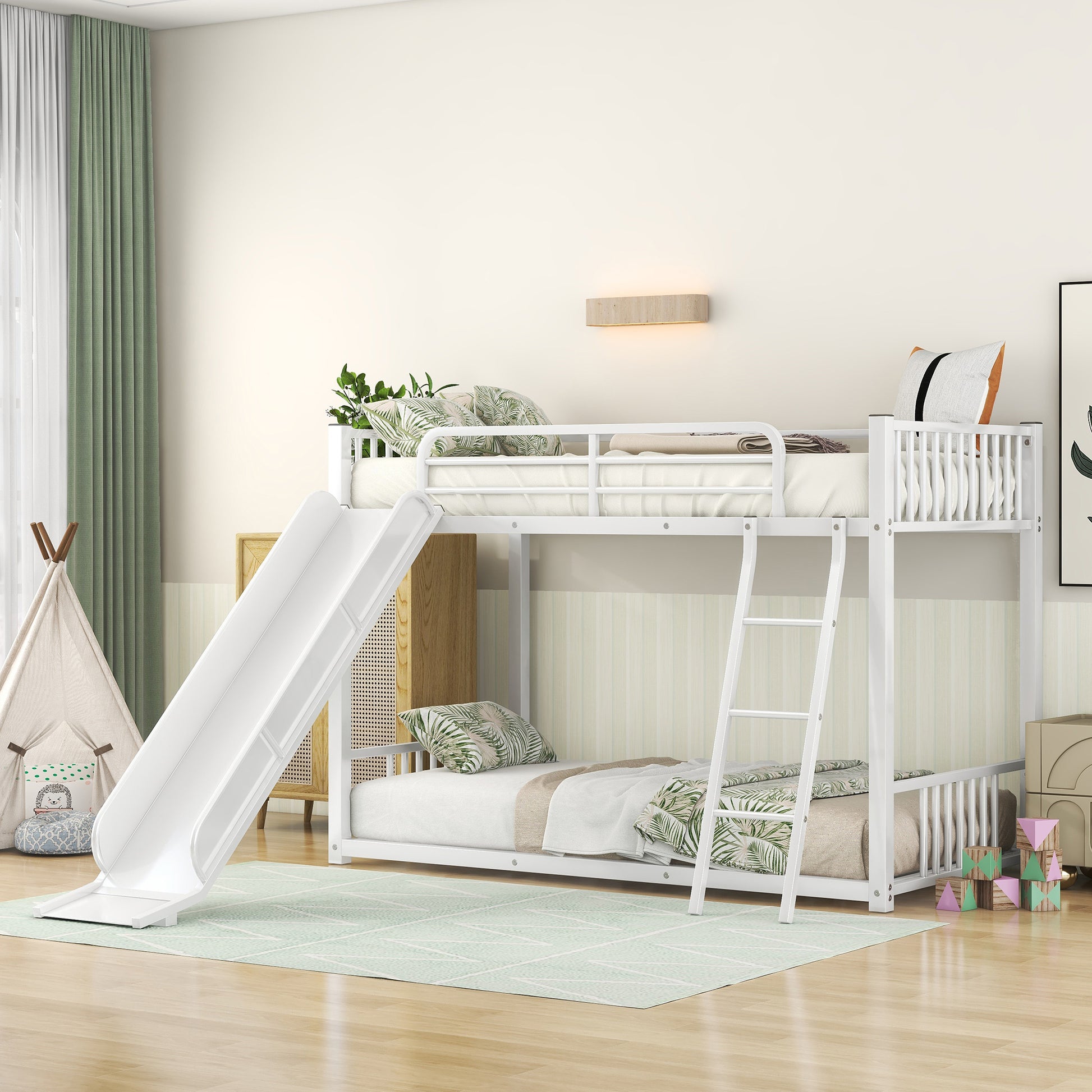 Megan Modern White Metal Twin Bunk Bed with Slide