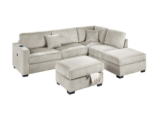 Camel Wide Welt Corduroy Sectional Sofa Reversible Chaise Sofa w USB Storage Ottoman Upholstered Couch Pillows 3pc Set Living Room - detail view 2