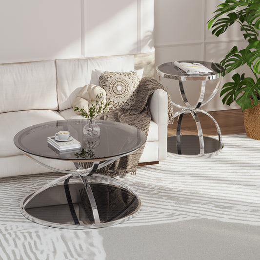 Silver Glass,Iron 2-Piece Accent Table Set with Silver Legs (Set of 2) - detail view 2