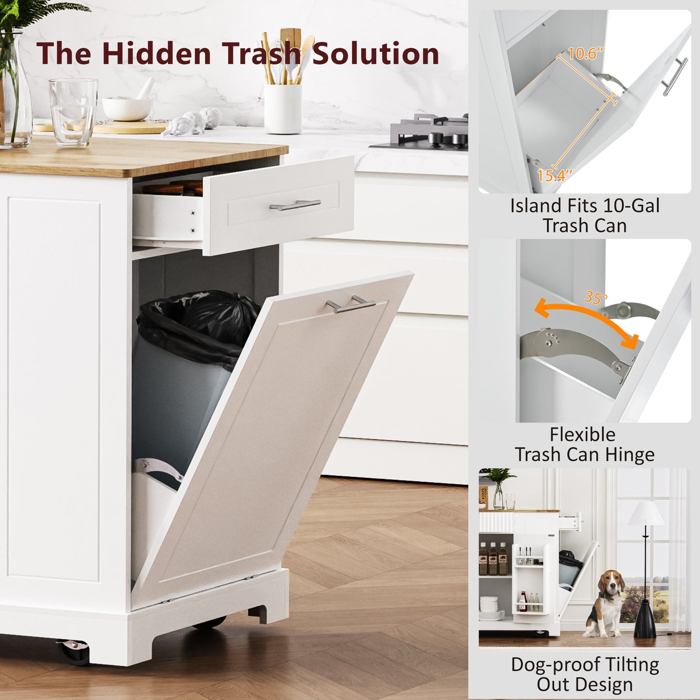 K&k Fluted Kitchen Island with Trash Can Storage Cabinet - White - detail view 5