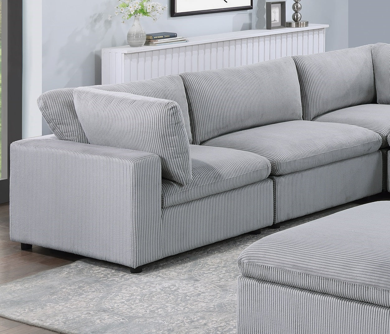 Dark Gray Color 8pc Modular Sectional Set Corduroy Upholstery Couch 3x Corner wedge 3x Armless Chairs 2x Ottomans Living Room Furniture - detail view 7
