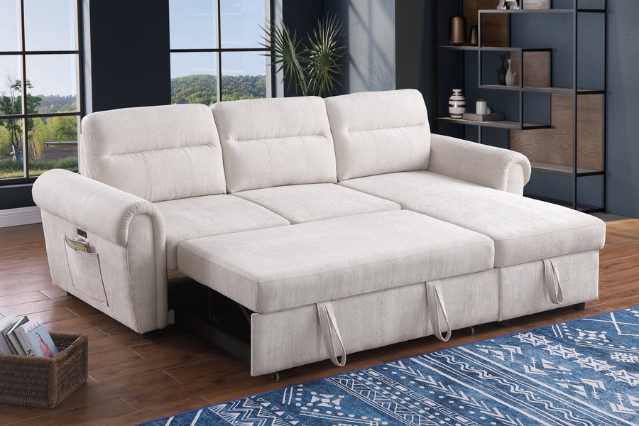 Hugo 97'W Beige Chenille Reversible Sleeper Sectional Sofa Chaise with USB Charger - primary color shot