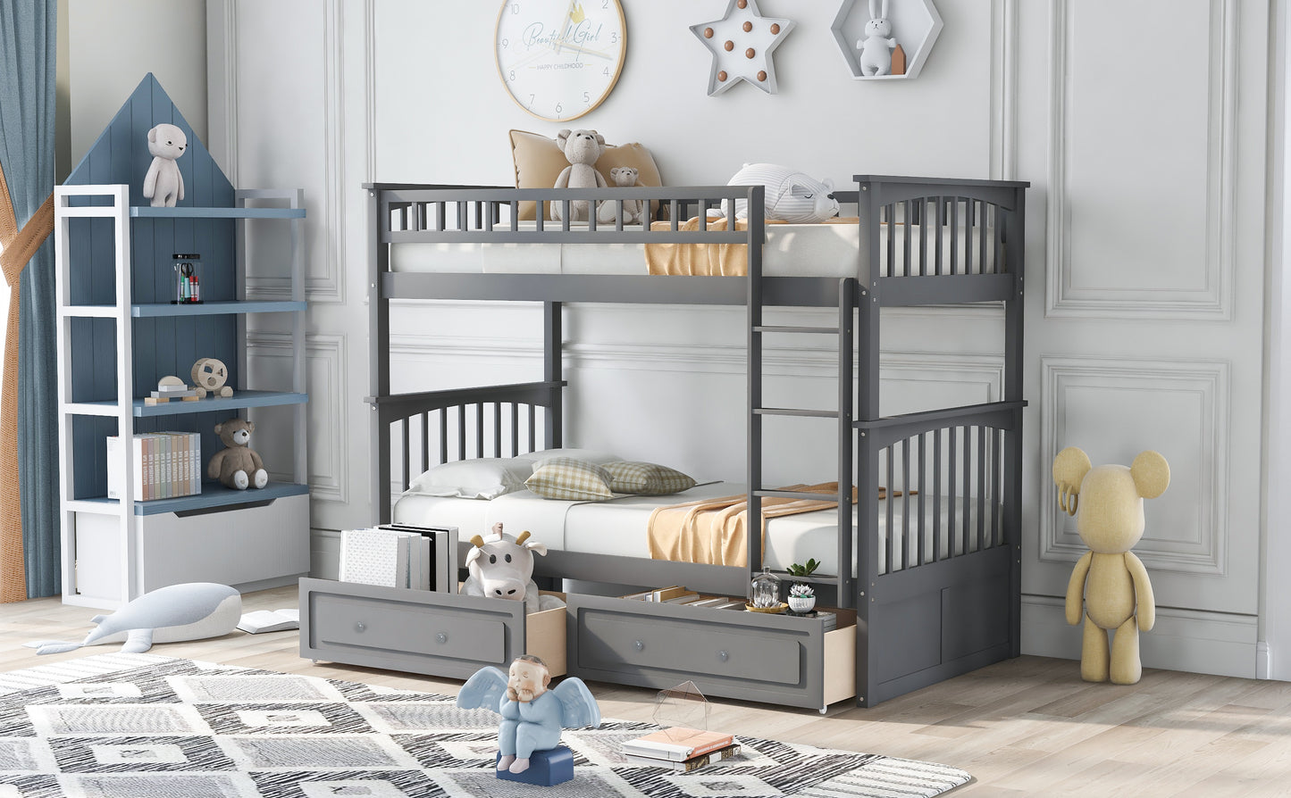 Philips Twin Size Wooden Bunk Bed with Storage Drawers, Gray