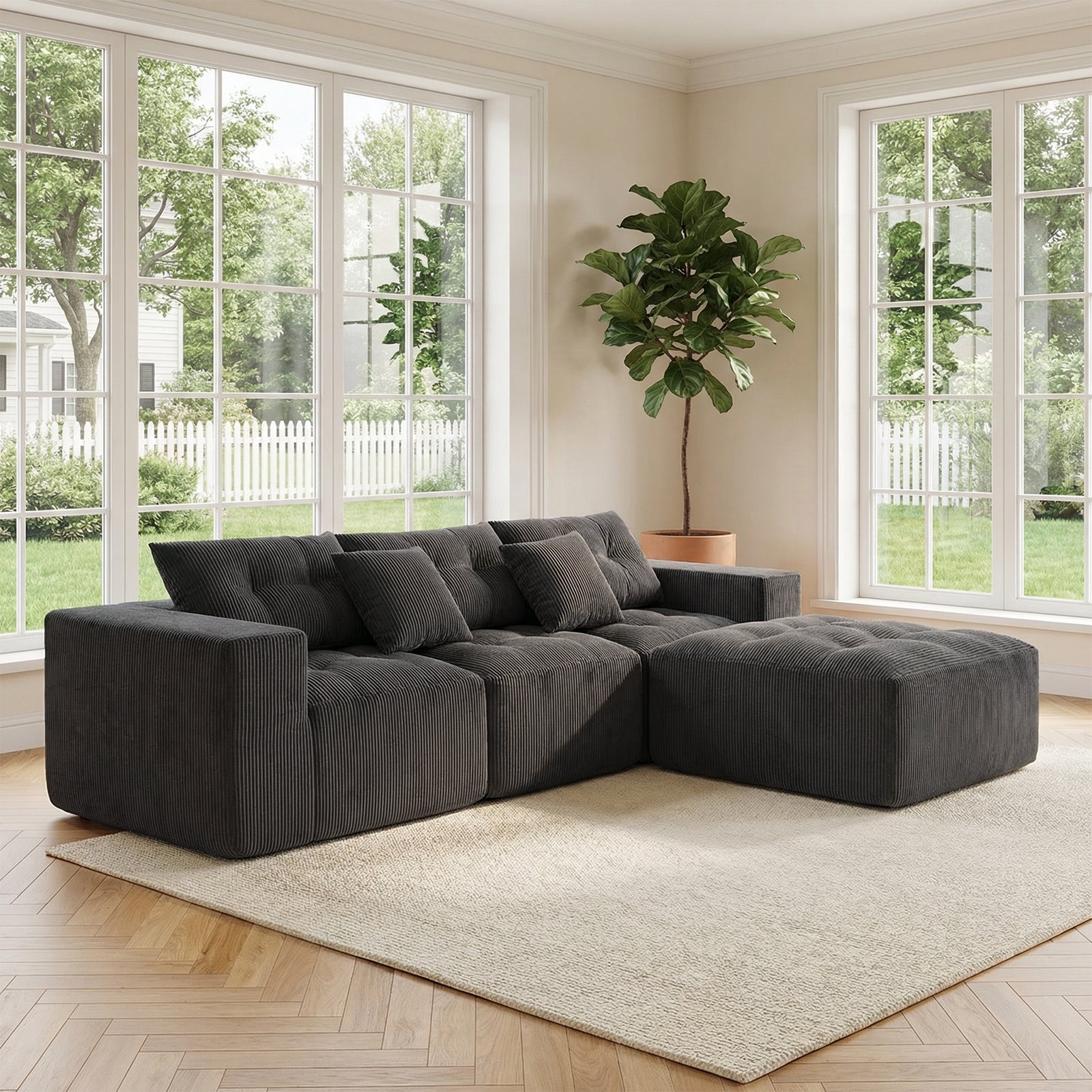 101' L-Shaped Modular Compression Sofa, 3-Seater Comfortable Cloud Sofa, Corduroy Fabric, with Movable Footrest, Free DIY Combination, Suitable for Living Room - detail view 2