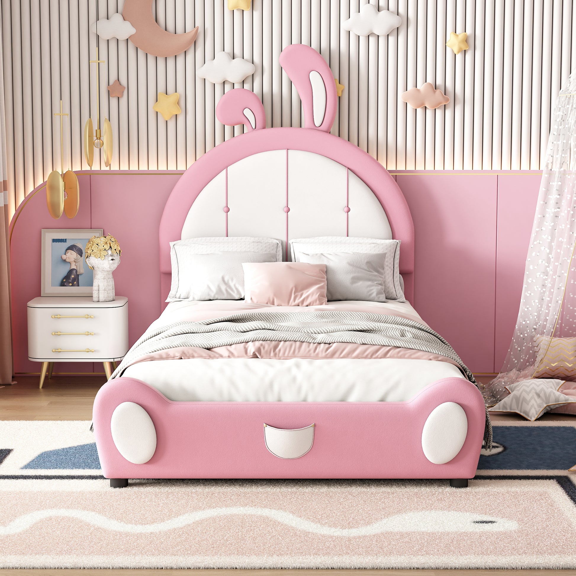 Allison Twin Size Upholstered Platform Bed with Rabbit Shaped Headboard, Pink