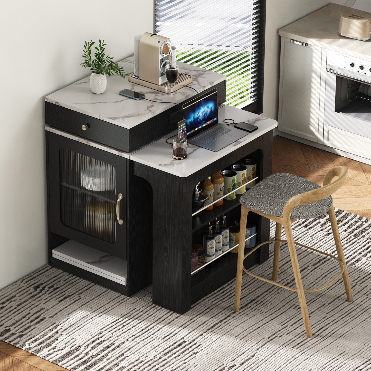 K&k 59.5' Kitchen Island with Extendable Dining Table - Black - detail view 2