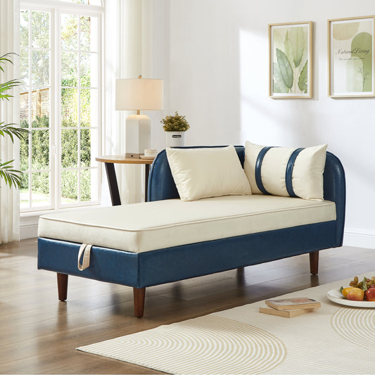 65" Storage Chaise Lounge Sofa Navy Blue PU & Beige Velvet - primary color shot