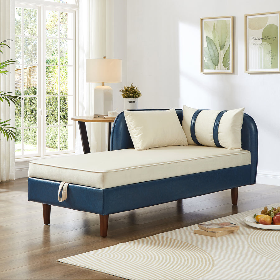 65" Storage Chaise Lounge Sofa Navy Blue PU & Beige Velvet - primary color shot