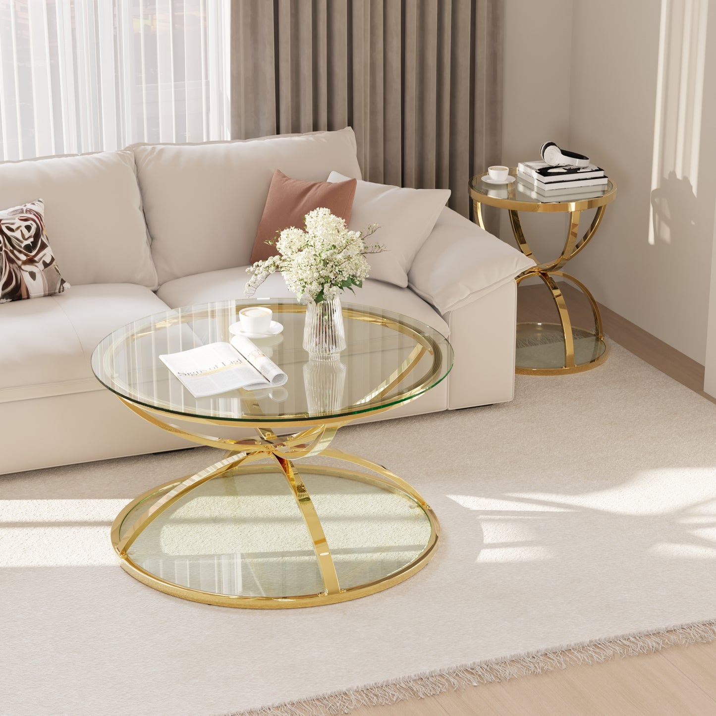 Gold Glass,Iron 2-Piece Accent Table Set with Gold Legs (Set of 2) - detail view 2