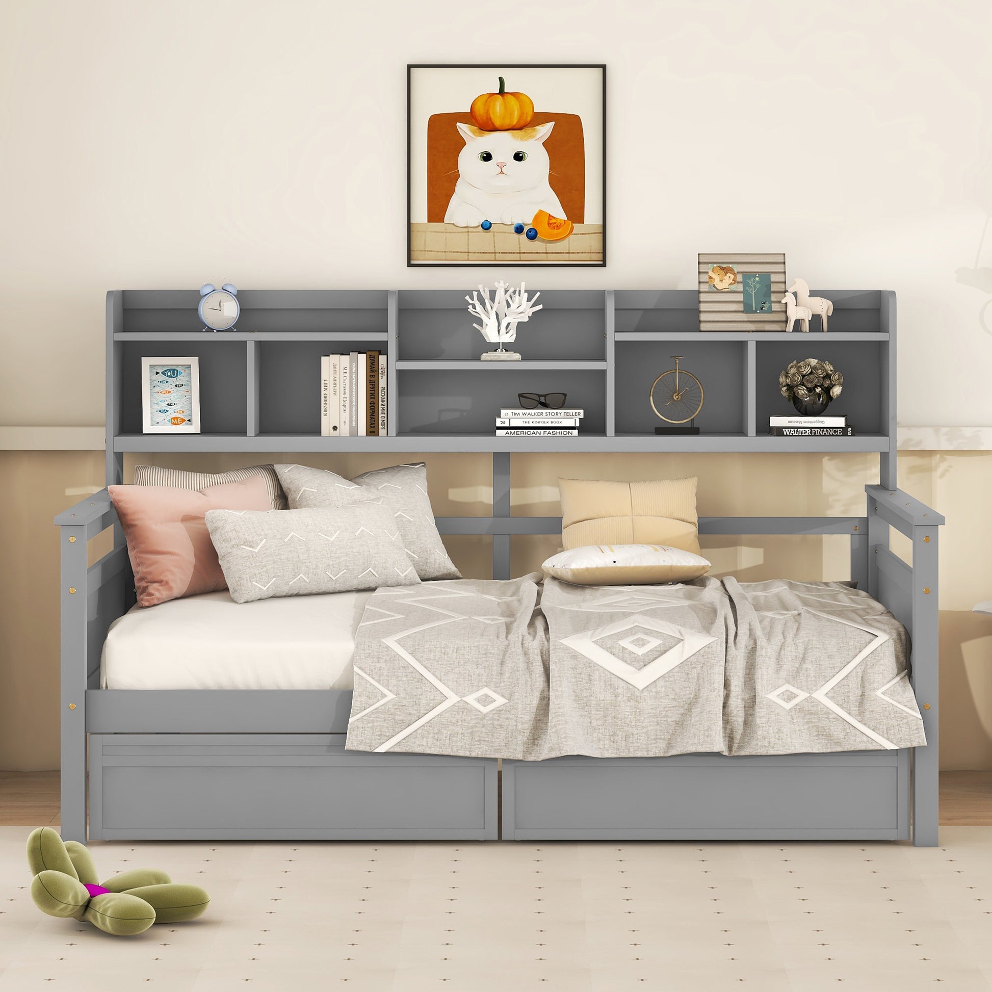 Grover Twin Bookcase Daybed with Trundle, Gray