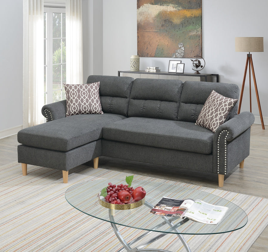 Slate Color Polyfiber Reversible Sectional Sofa Set Chaise Pillows Plush Cushion Couch Nailheads - primary color shot
