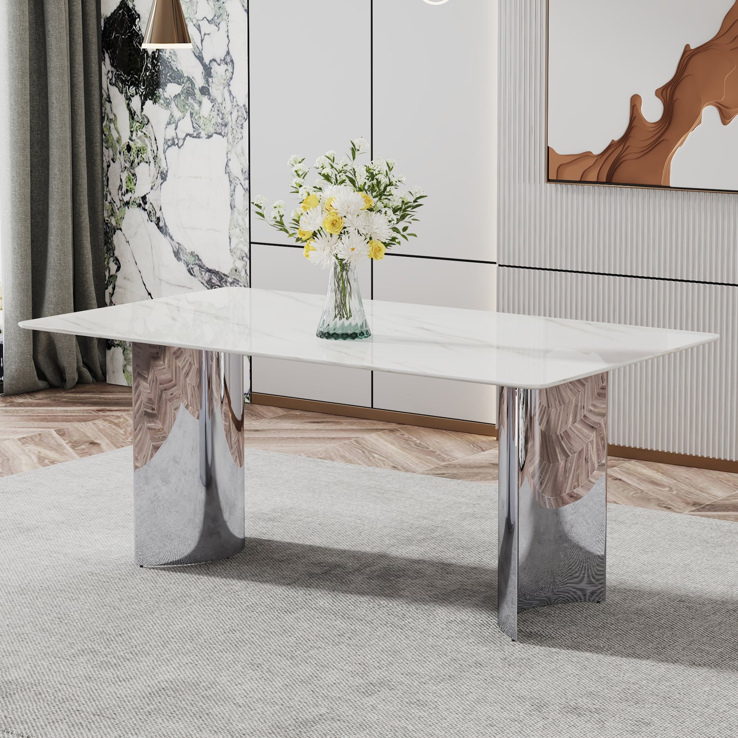 Modern Minimalist Dining Table with White Imitation Marble Glass Surface & Silver Metal Legs - detail view 2