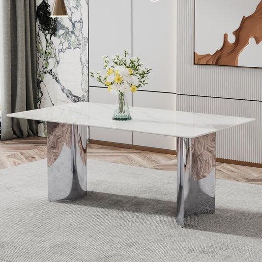 Modern Minimalist Dining Table with White Imitation Marble Glass Surface & Silver Metal Legs - detail view 2