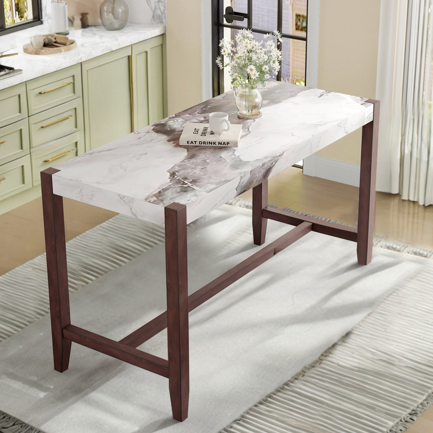 Counter Height Table, 47.5 Inch Faux Marble Finish Bar Dining Table, Modern Bar Tall Dining Table for Living Room - primary color shot