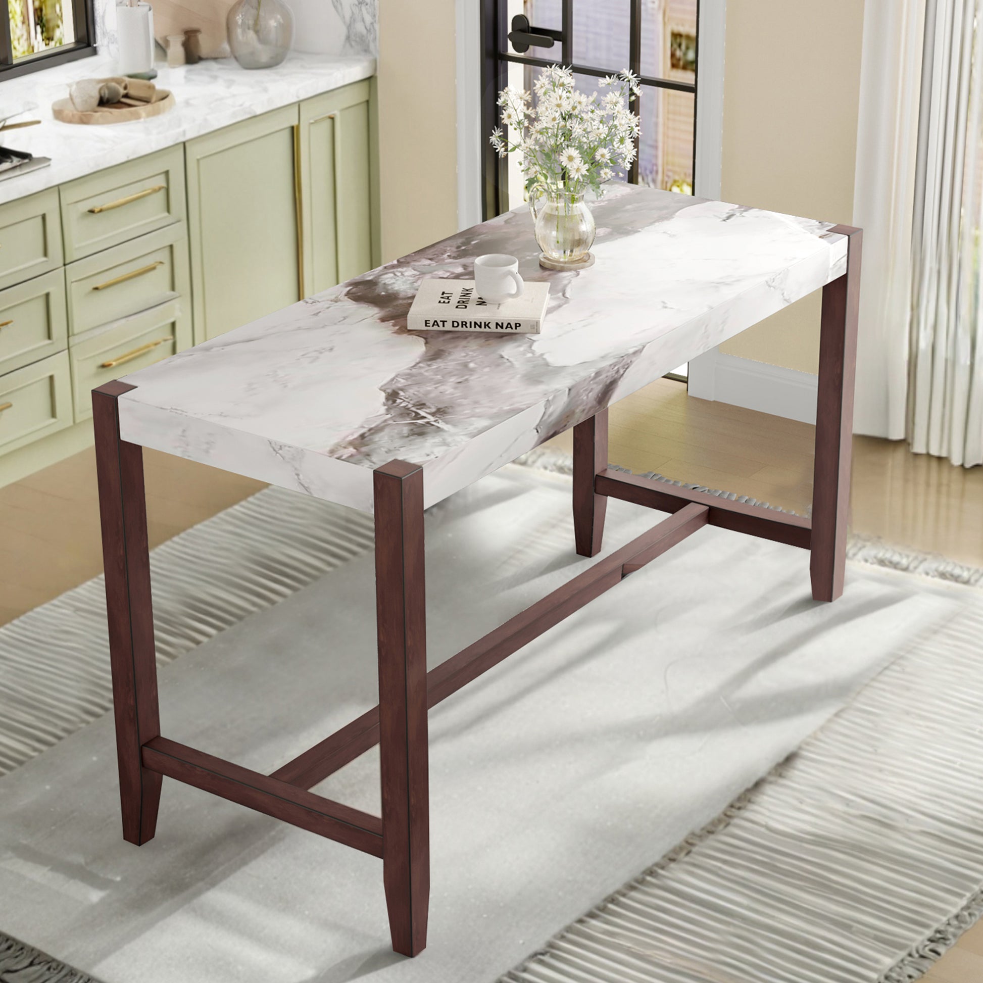 Counter Height Table, 47.5 Inch Faux Marble Finish Bar Dining Table, Modern Bar Tall Dining Table for Living Room - primary color shot