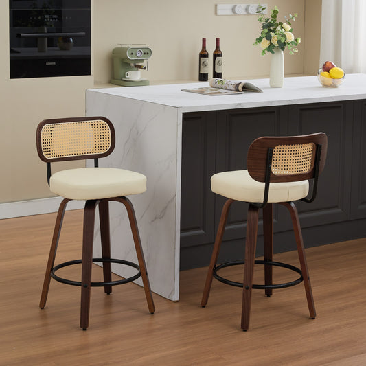 Beige PU Leather Counter Height Stool with Wood Legs (Set of 2)