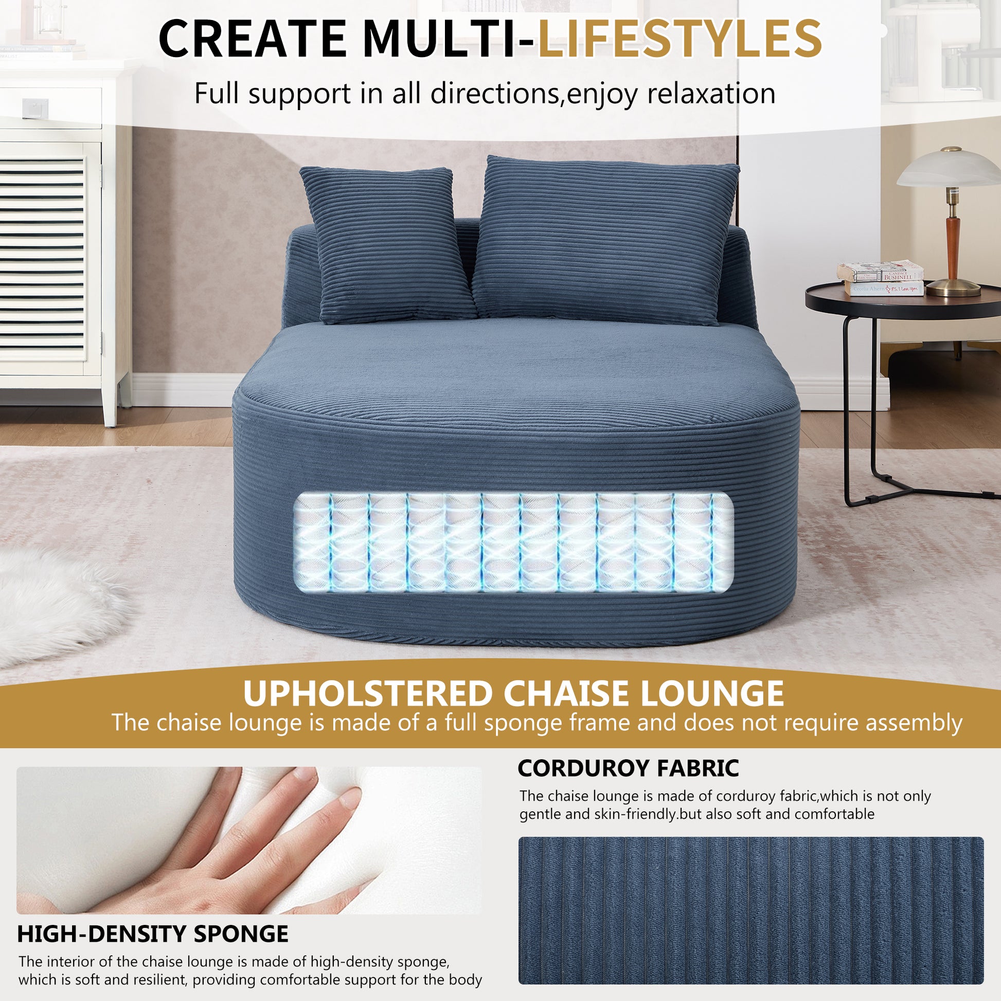 Blue Oversized Corduroy Chaise Lounge Sofa Bed with Deep Seat & Soft Pillows - detail view 7