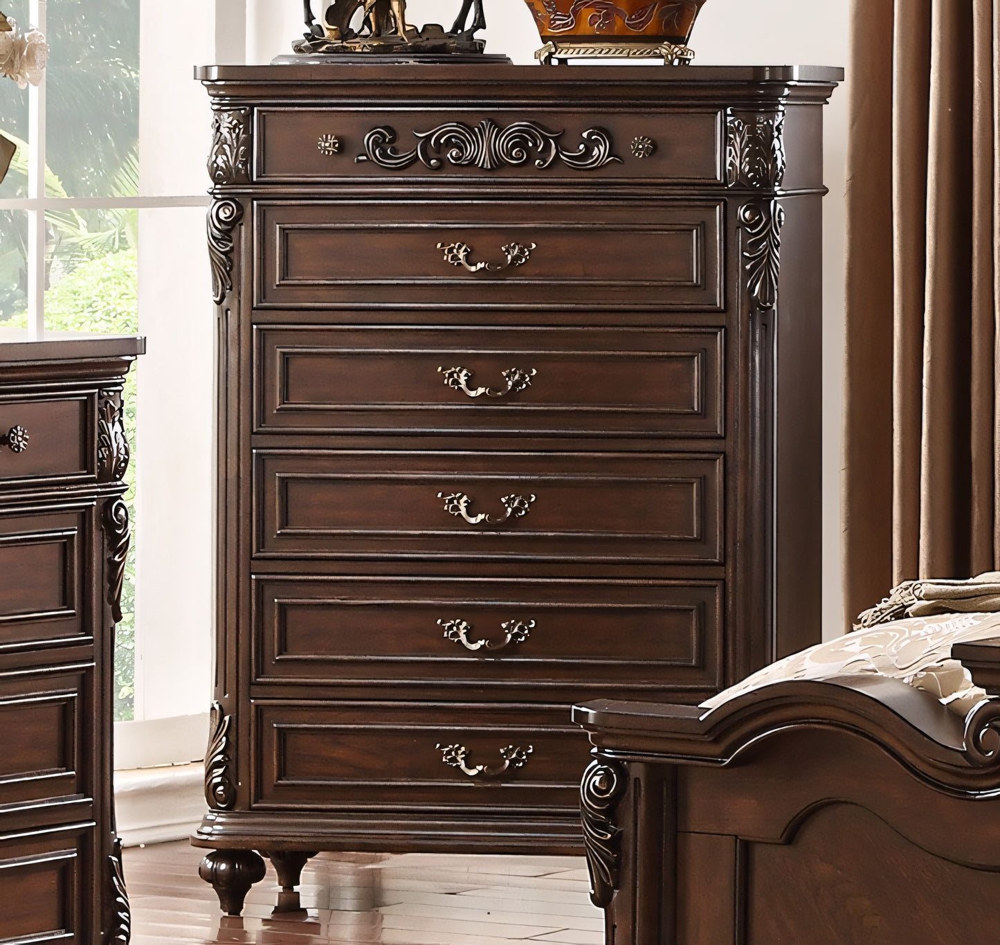 Terrell Traditional Queen Camelback Bed with Padded Headboard - Brown Cherry