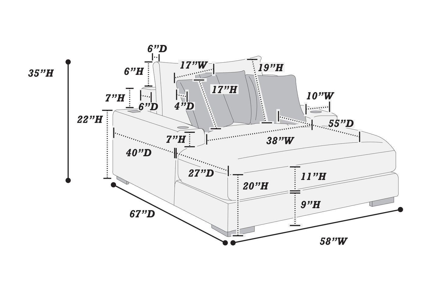 Modern Chaise Lounge W 2/ Cup Holders USB Ports Black Corduroy Wooden Legs Pillows Plush Couch Sofa Chaise - detail view 7