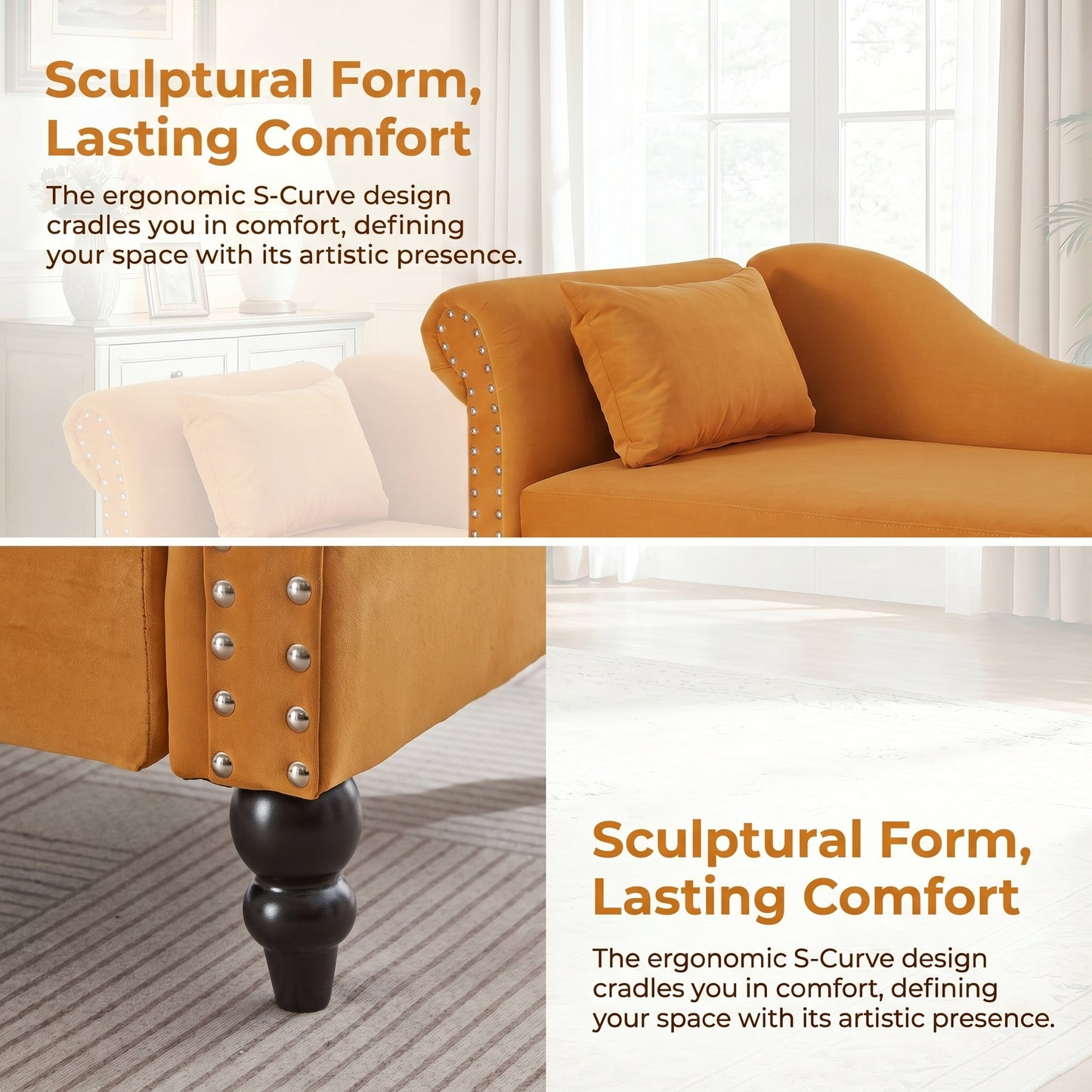 64" Modern Velvet Chaise Lounge - Yellow - detail view 7