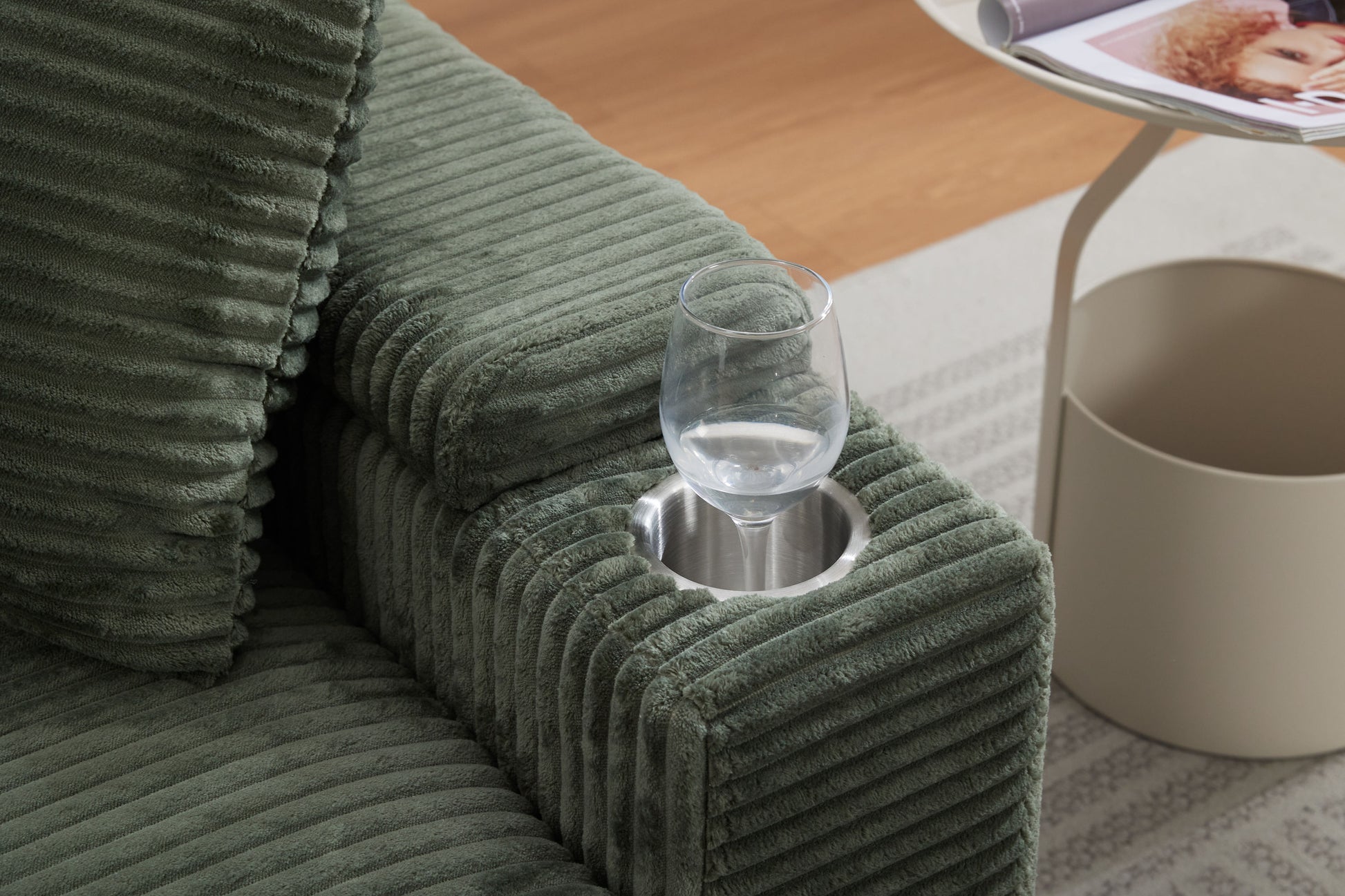 [video/new]corduroy Upholstered Chaise Lounge Sofa with Handrail Storage - Green - detail view 6