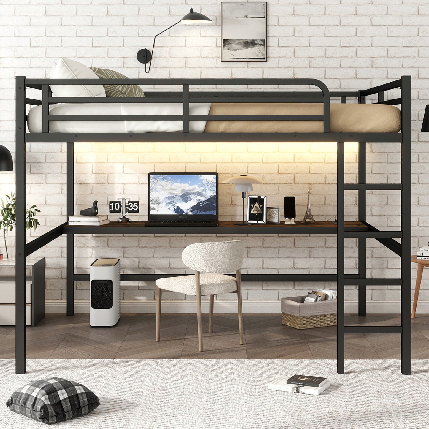 Metal Queen Size Loft Bed with Power Outlet and LED Lighted - Black - detail view 2