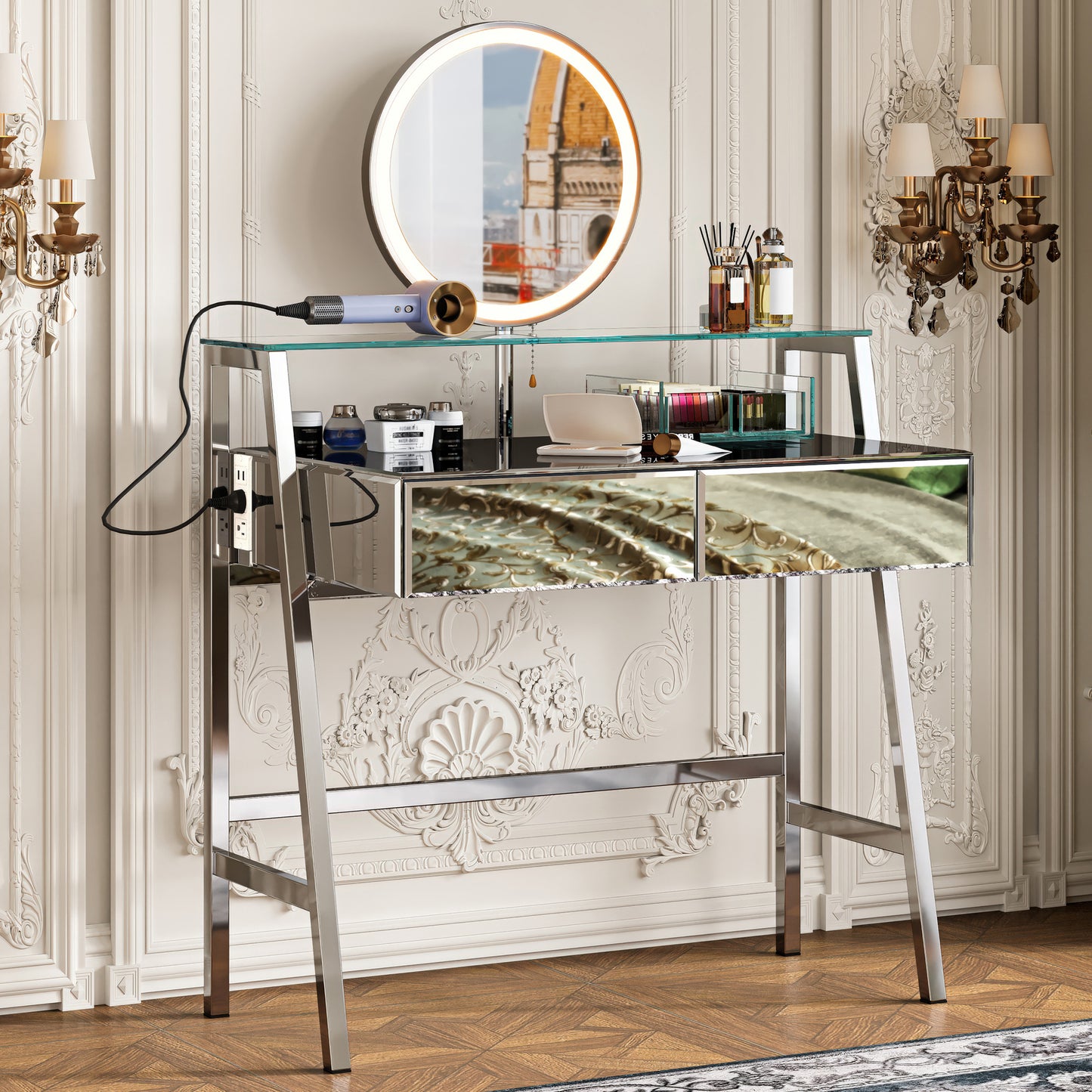 Bastion 33.9' Mirrored Makeup Vanity Desk with Mirror and Lights