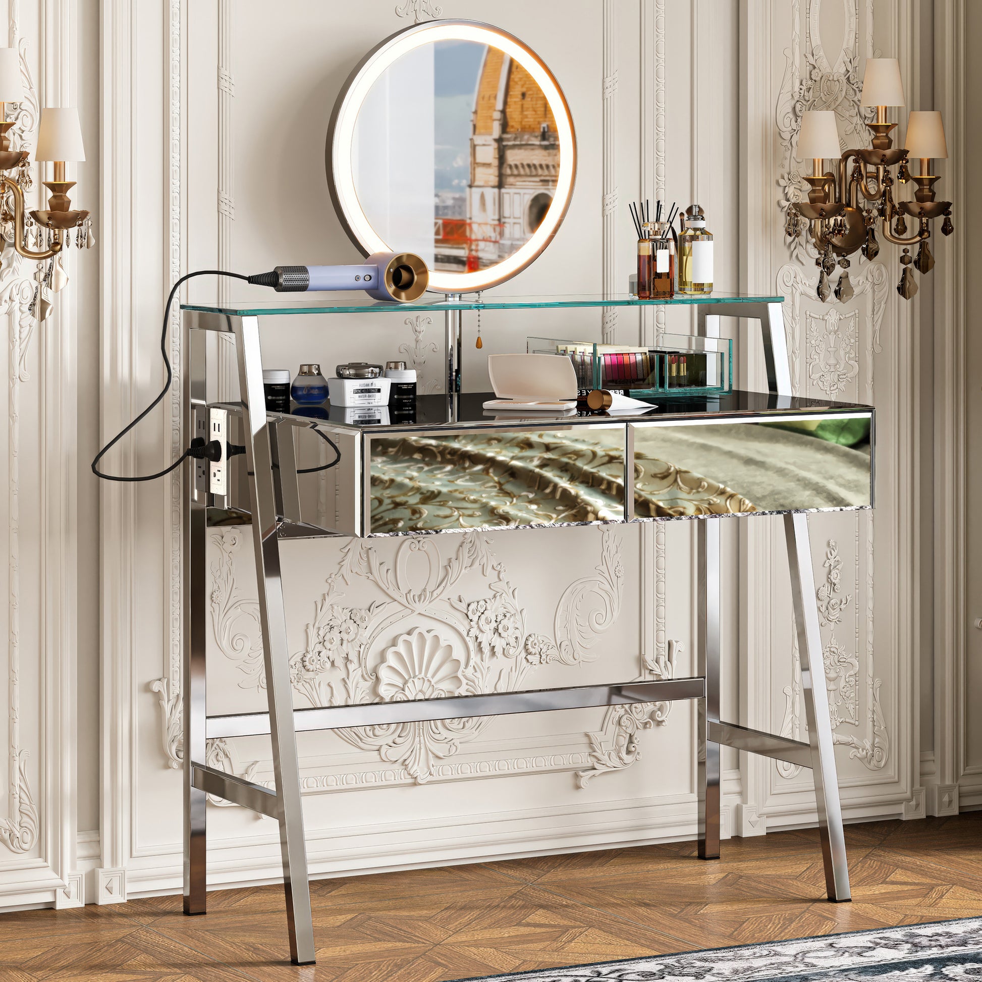 Bastion 33.9' Mirrored Makeup Vanity Desk with Mirror and Lights